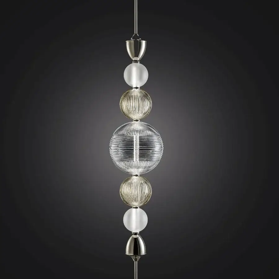 Superior Italamp Greta suspension lamp with hand-cut crystal diffusers and shiny nickel metal structure