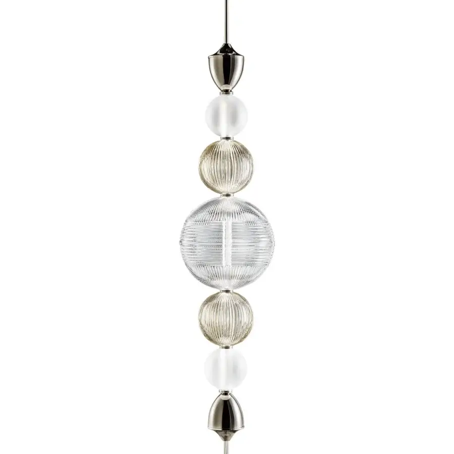 Distinguished Italamp Greta suspension lamp with hand-cut crystal diffusers and a shiny nickel metal structure