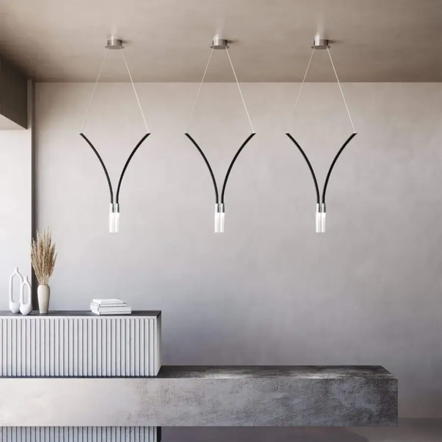 Exceptional Italamp Sesto suspension lamp with black glass cylindrical fixtures and light cables