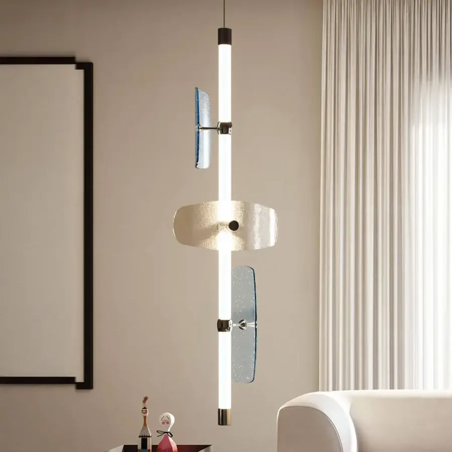 Distinguished Italamp Axi suspension lamp with white borosilicate glass and translucent blue spotted art glass elements around a central light source
