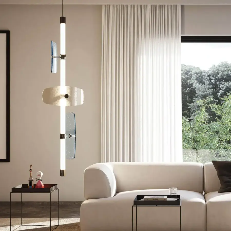 Exceptional Italamp Axi suspension lamp with art glass in blue and beige tones and tubular white borosilicate glass housing