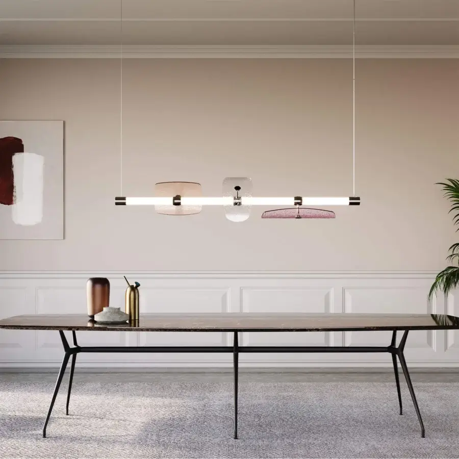 Superior Italamp Axi suspension lamp with white borosilicate glass and brownish-pink translucent art glass elements in frosted finish