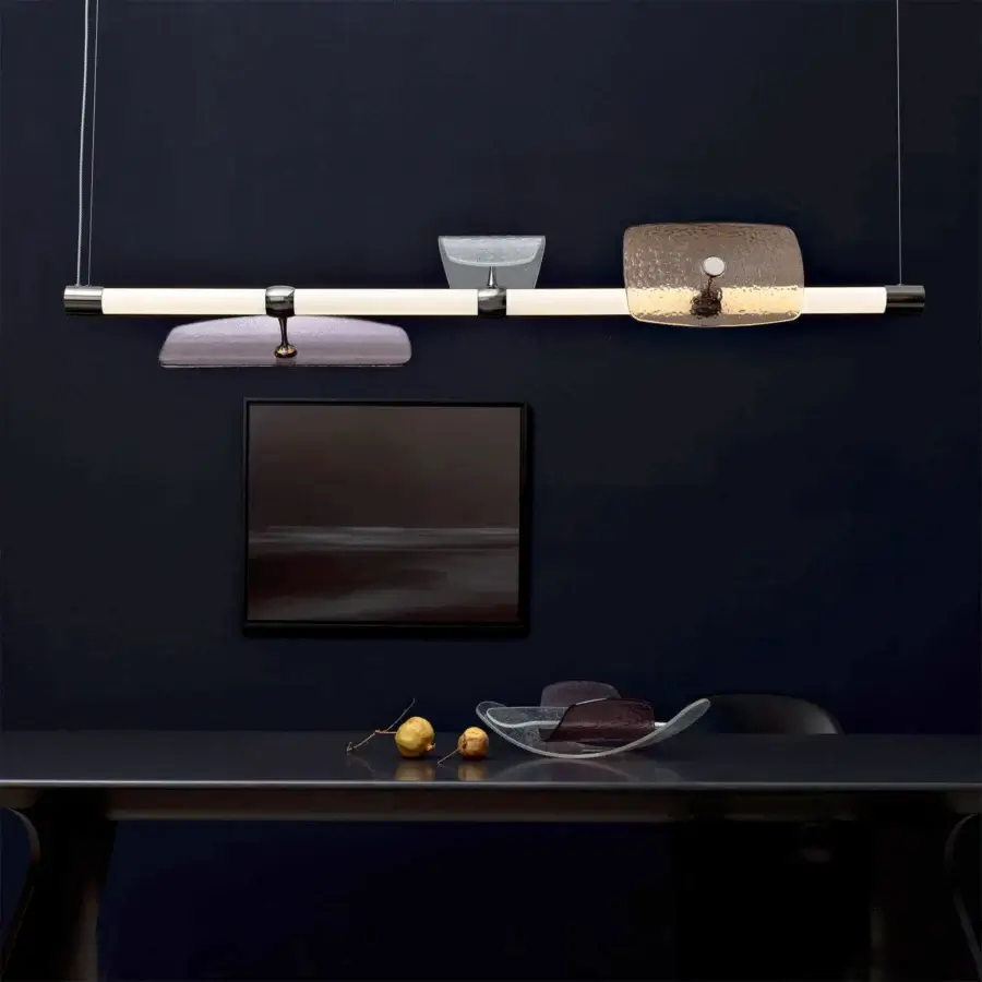 Distinguished Italamp Axi suspension lamp with white borosilicate glass and smoky gray art glass elements in glossy metal