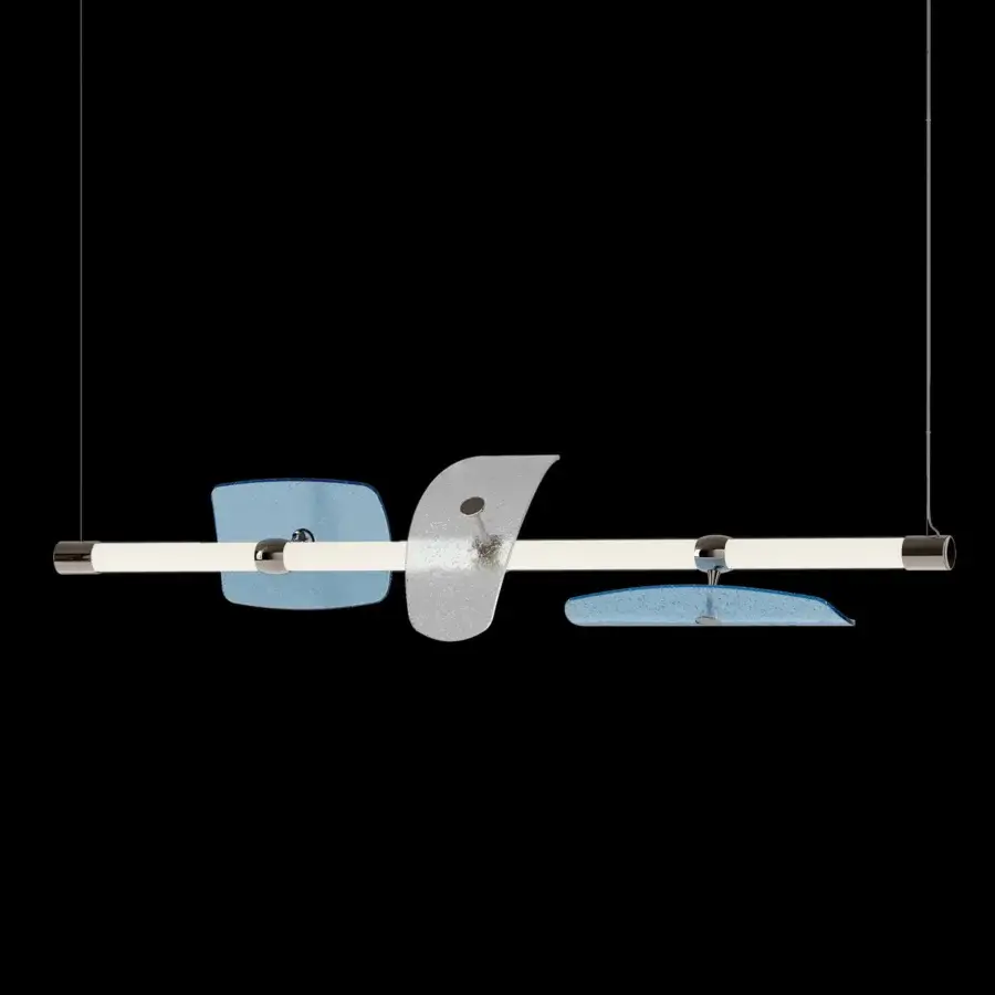 Captivating Italamp Axi suspension lamp with white borosilicate glass and cool blue translucent art glass elements suspended by metal cables