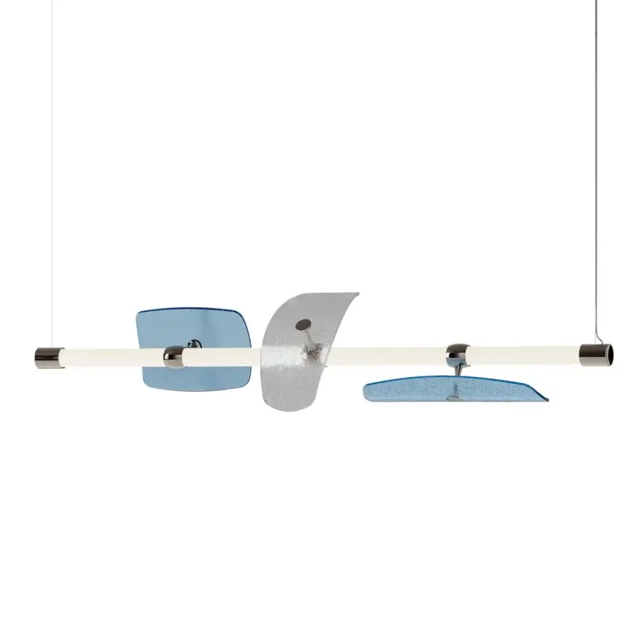 Exceptional Italamp Axi suspension lamp with horizontal white borosilicate glass and textured blue art glass elements