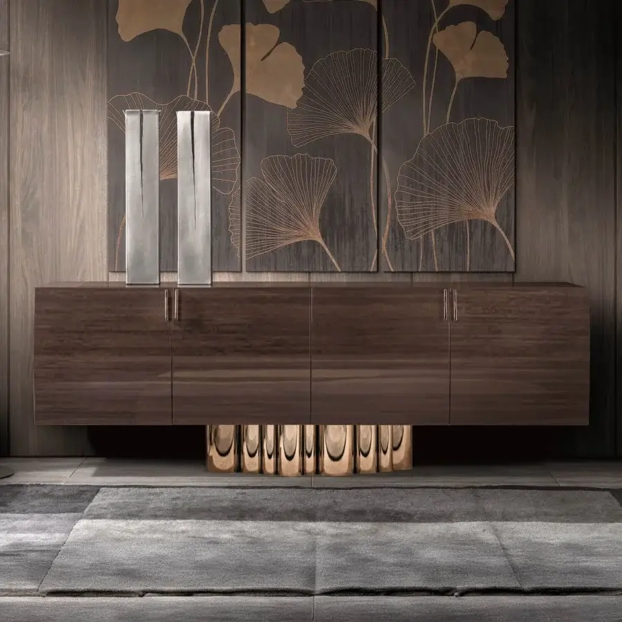 Exclusive Costantini Pietro Splendor sideboard with stainless steel base and Castagno Toscano wood, boasting a dark brown glossy finish