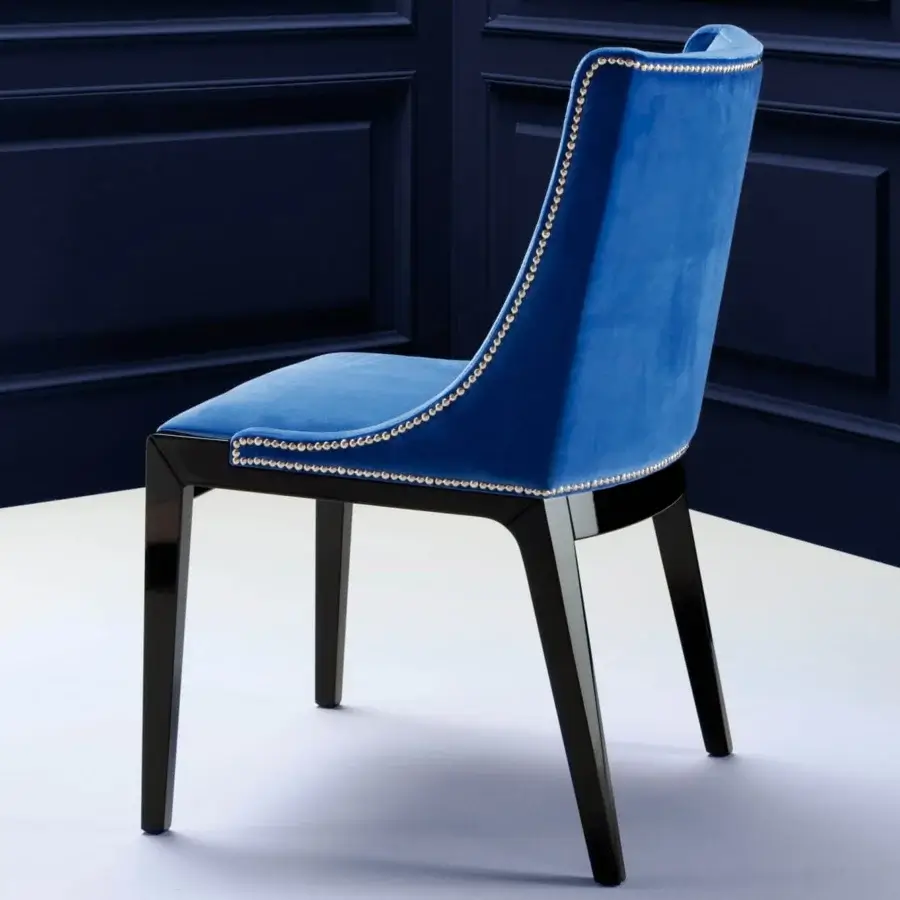 Elegant Costantini Pietro Affair chair with plush blue velvet upholstery and glossy black beech wood frame
