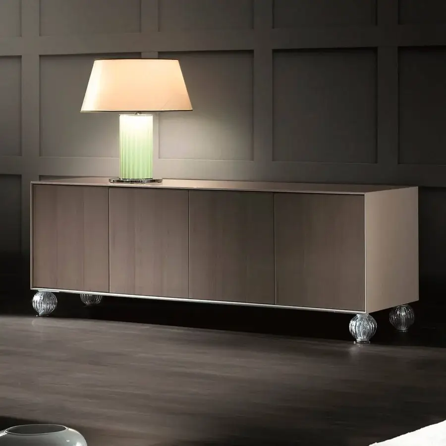 Elegant Costantini Pietro Ambassador sideboard crafted in beech wood with Castagno Toscano high gloss finish and spherical Murano glass feet