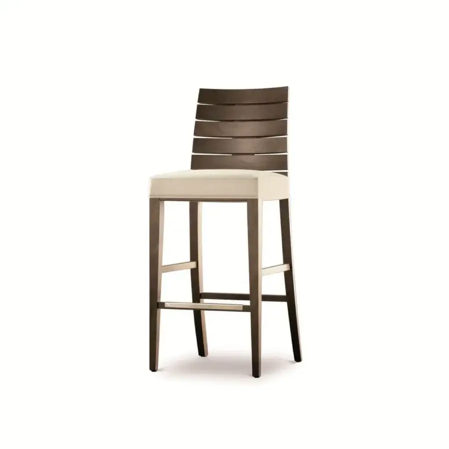 Distinguished Costantini Pietro Charm stool in beech wood with a dark brown finish and light beige matte textile upholstery