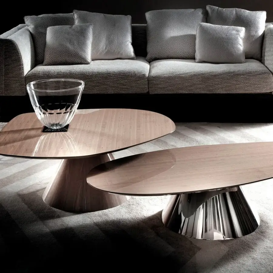 Distinguished Costantini Pietro Chelsea and Tribeca coffee table crafted in Italy with rounded square tabletop and conical base in Castagno Toscano finish
