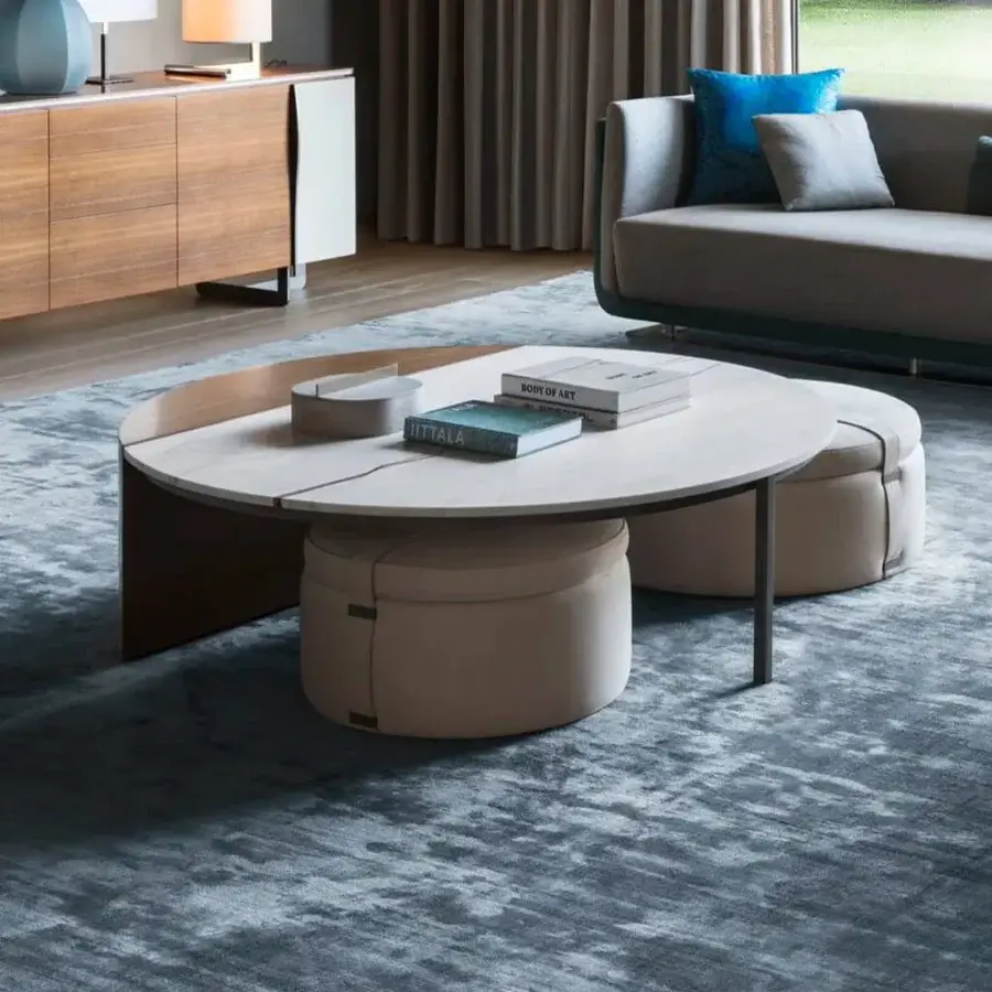 Distinguished OAK Central coffee table with welcoming circular shape and marble walnut wood tabletop crafted with rounded leather ottomans