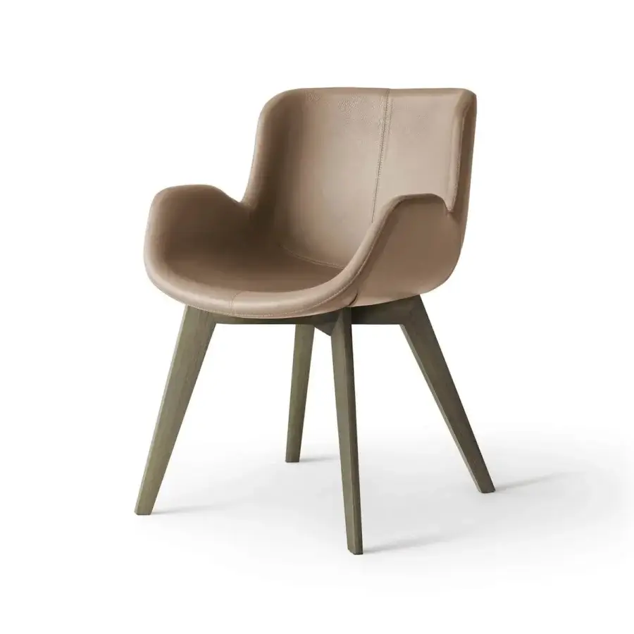 Exceptional OAK Nota armchair with rounded form, smooth beige leather upholstery and neutral grey-brown matte painted ash wood base