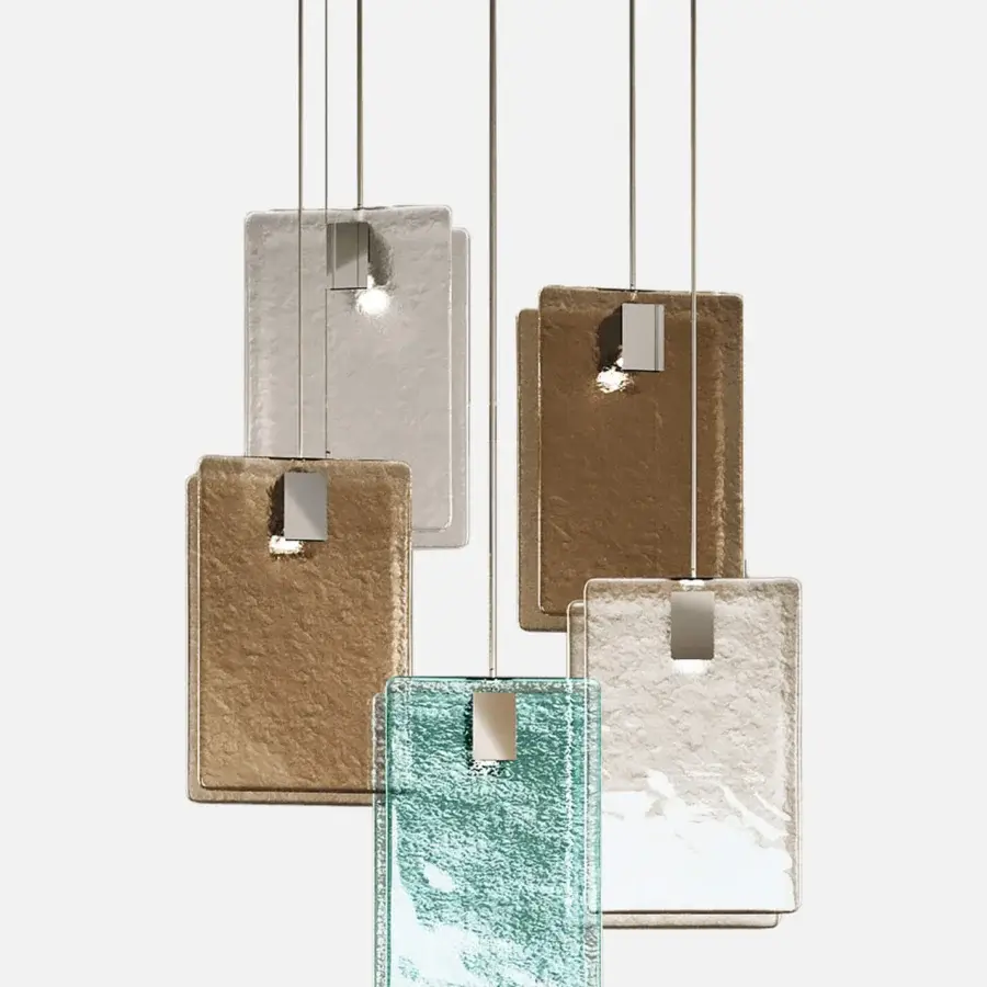 Distinguished Italamp Mura suspension lamp crafted with cast glass in clear, light tan, warm brown, and teal hues with metal chrome details