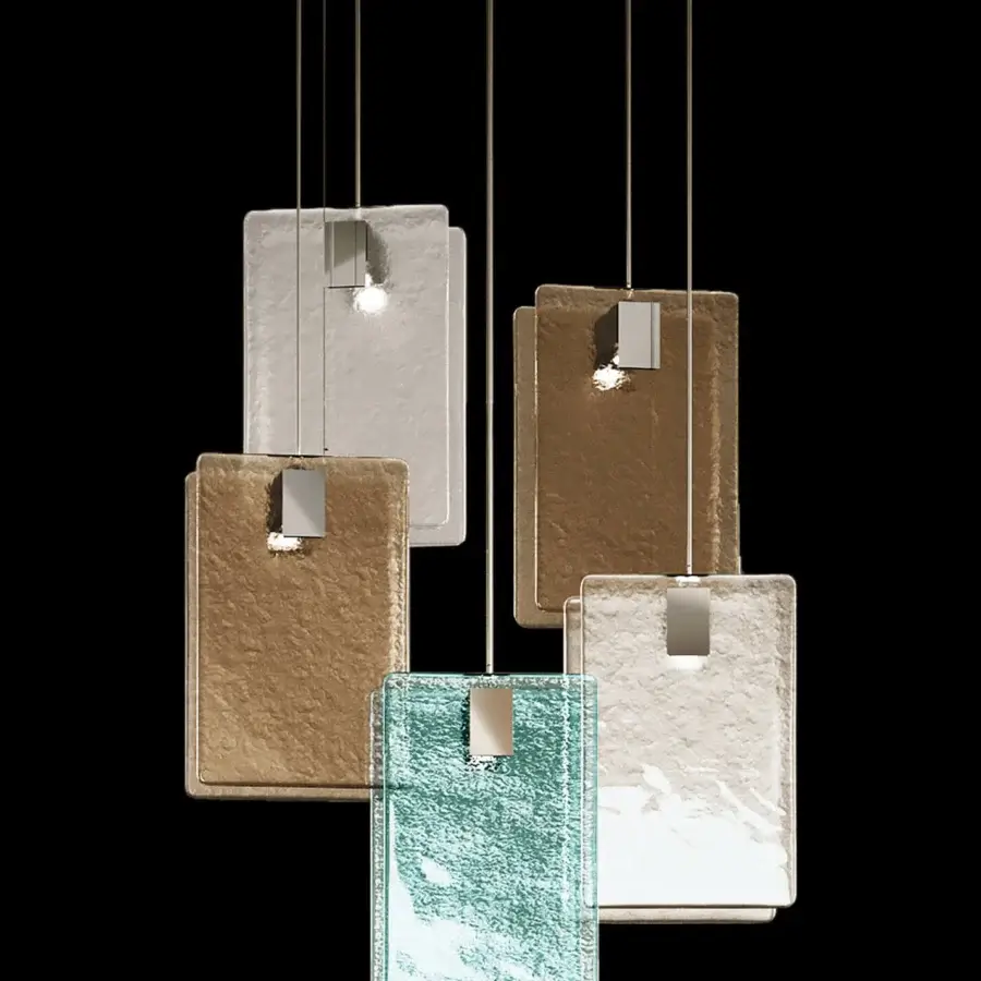 Superior Italamp Mura suspension lamp with cast glass panels in light beige, teal and bronze metal chrome details
