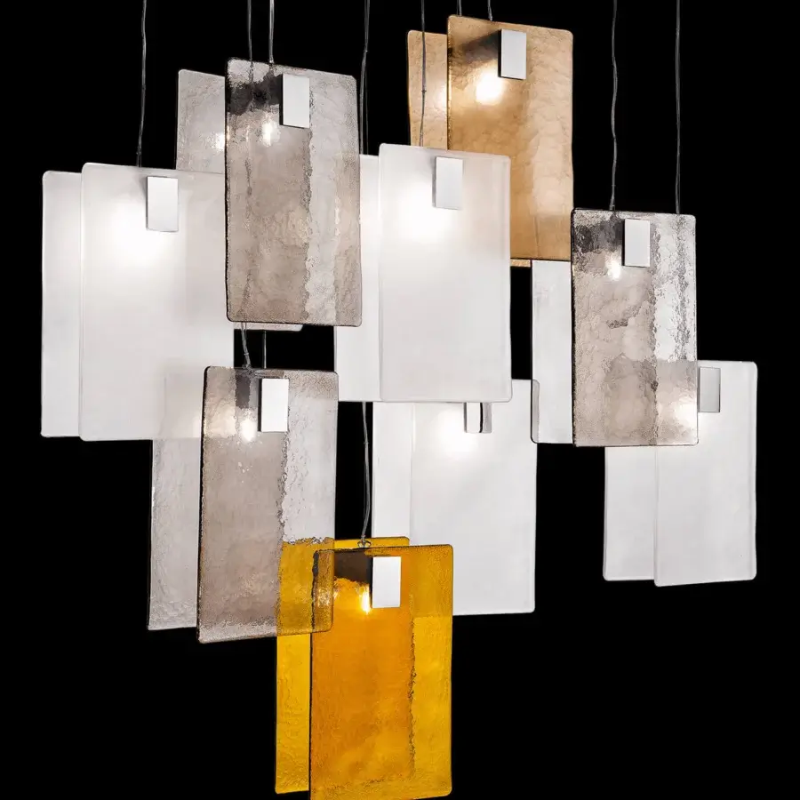 Distinguished Italamp Mura suspension lamp with cast glass body and metal chrome details diffusing light in white, grey, amber, golden yellow tones