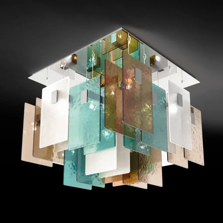 Superior Italamp Mura ceiling lamp with layered cast glass in amber, white and teal with chrome details