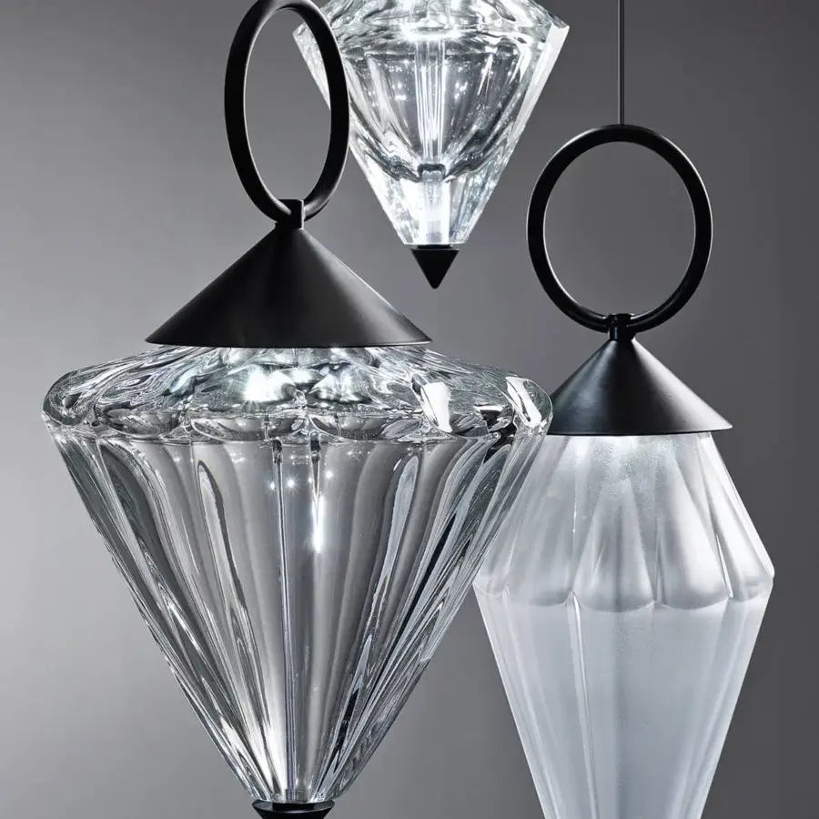 Superior Italamp Donna suspension lamp with transparent diamond-inspired crystal diffusers and matte black metal structure