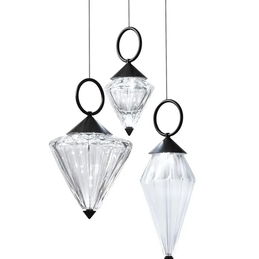 Distinguished Italamp Donna suspension lamp with transparent blown crystal diffusers and matte black metal structure