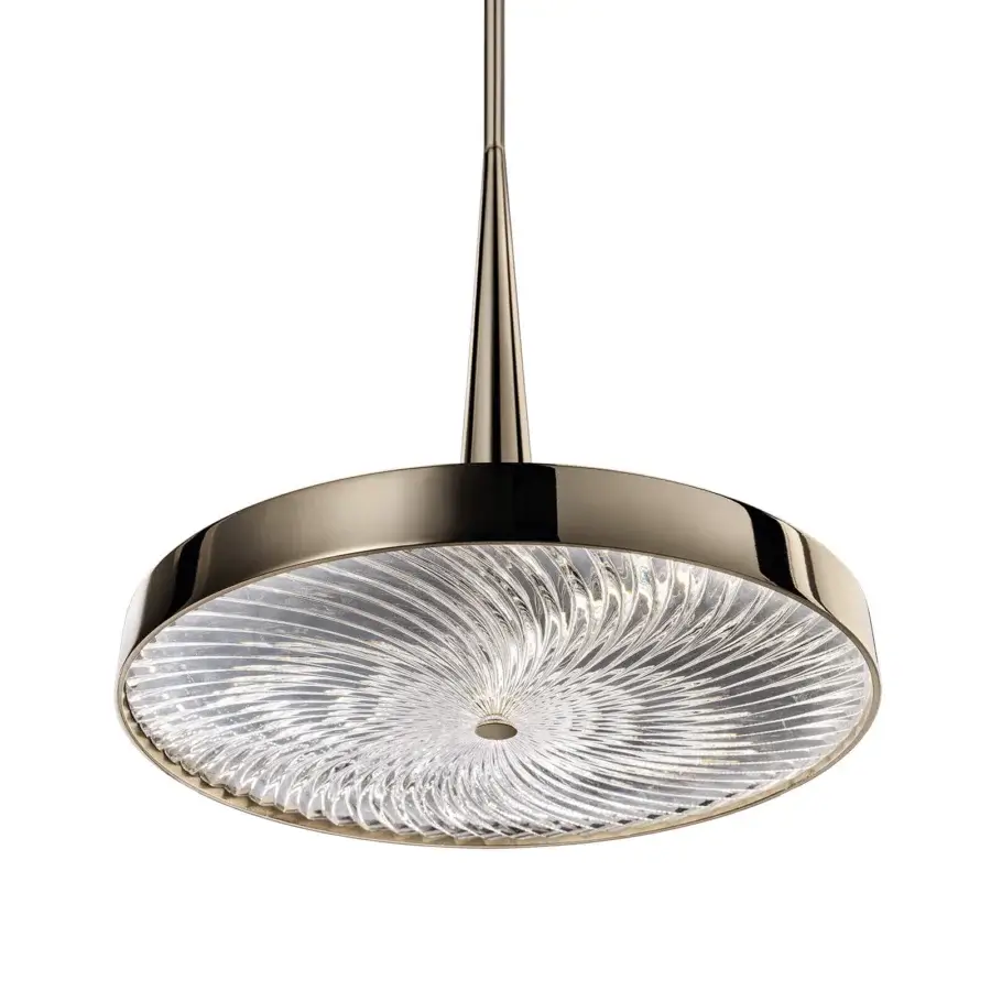 Distinguished Italamp Ritmico suspension lamp with hand-carved transparent crystal and light gold metal in a glossy finish