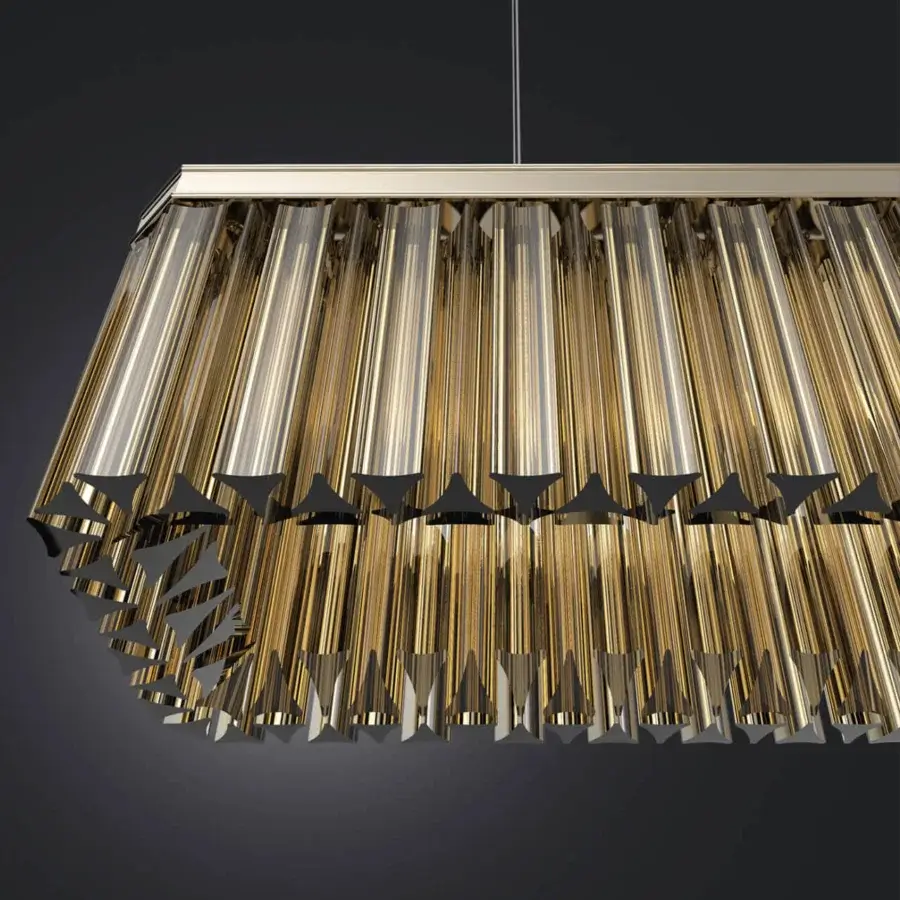 Distinguished Italamp 4013 suspension lamp with transparent glass trihedrons and glossy gold-finished cylindrical metal structure