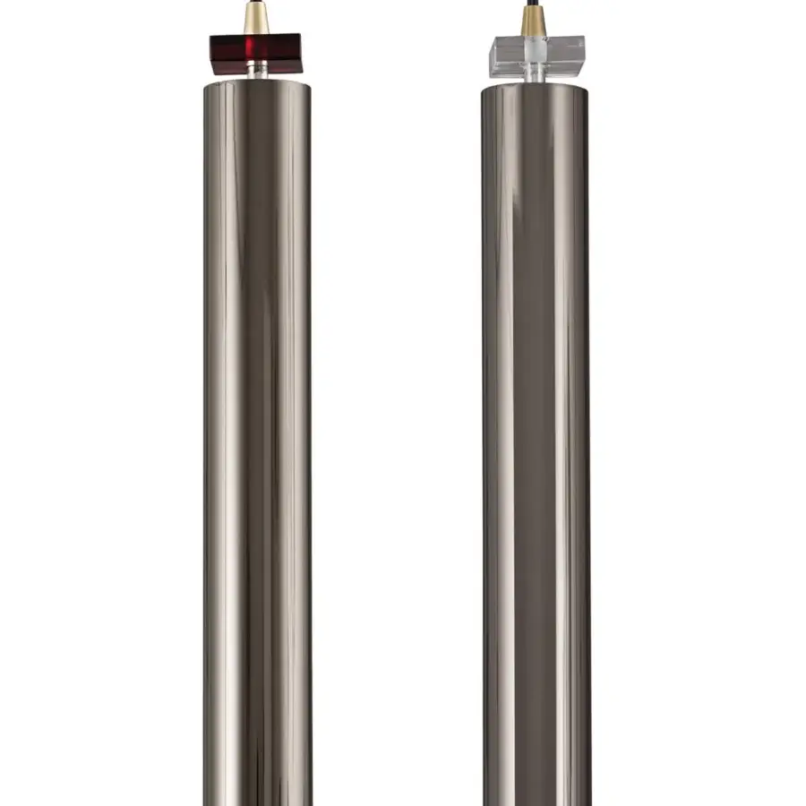 Elegant Italamp Stile suspension lamp with cylindrical metal body and sleek iron grey finish, showcasing clear crystal detail above golden metallic piece