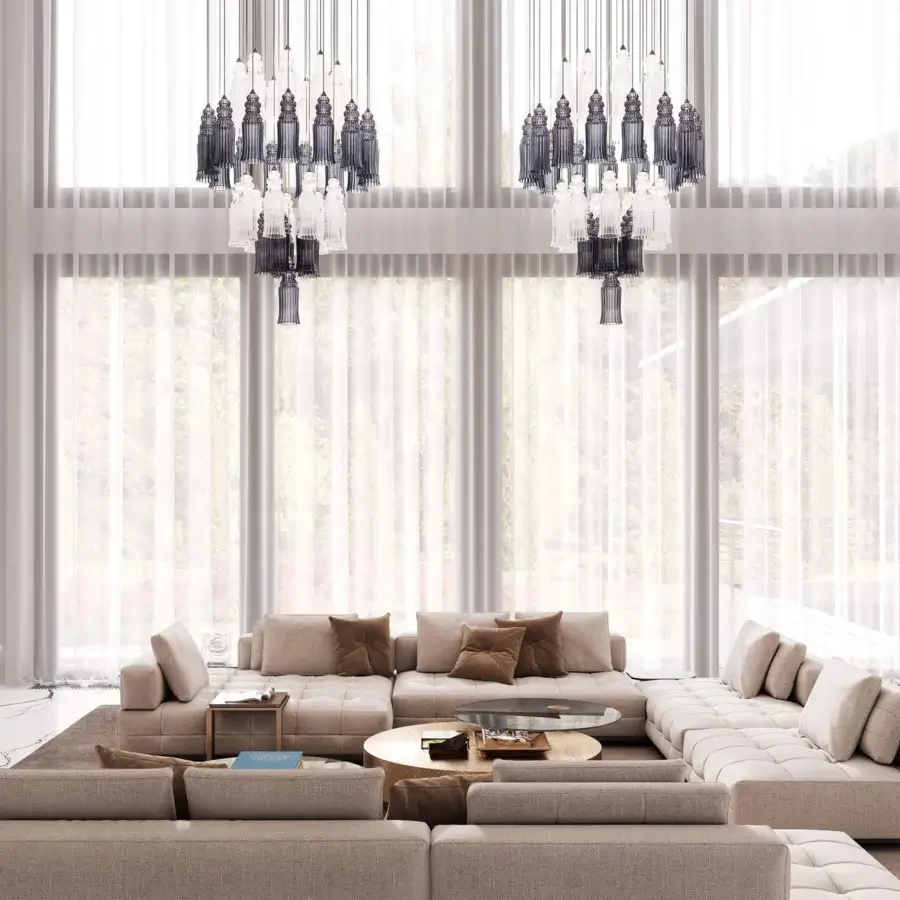 Exceptional Italamp Boboli suspension lamp with chrome metal and striped glass diffusers in transparent and smoked blue tones