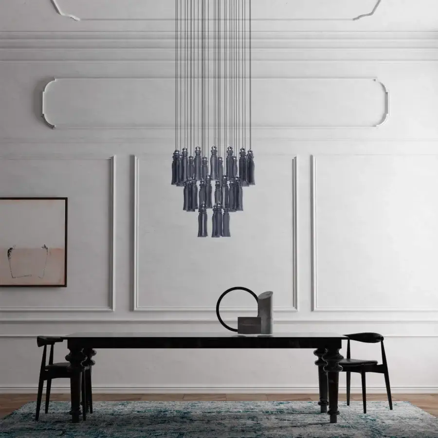 Superior Italamp Boboli suspension lamp with chrome metal and striped transparent, smoked blue glass diffusers