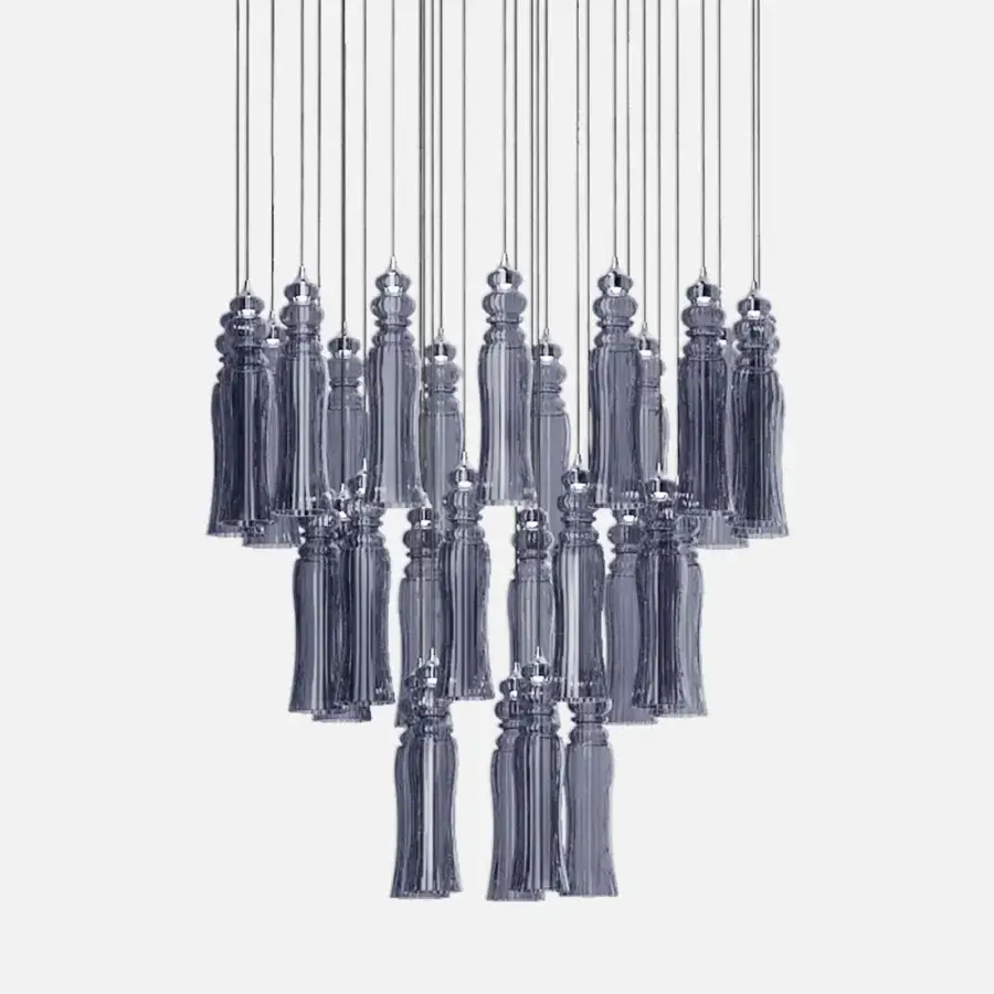 Distinguished Italamp Boboli suspension lamp with chrome metal and deep blue-grey striped glass diffusers crafted in Italy
