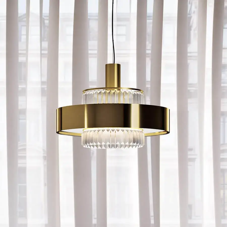 Superior Italamp Crono suspension lamp with a golden-brass metal structure and etched crystal pendants crafted with a satin white methacrylate diffuser