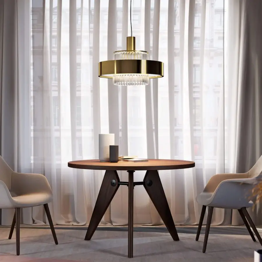 Exceptional Italamp Crono suspension lamp with a golden metal structure and satin white methacrylate diffuser with etched crystal pendants