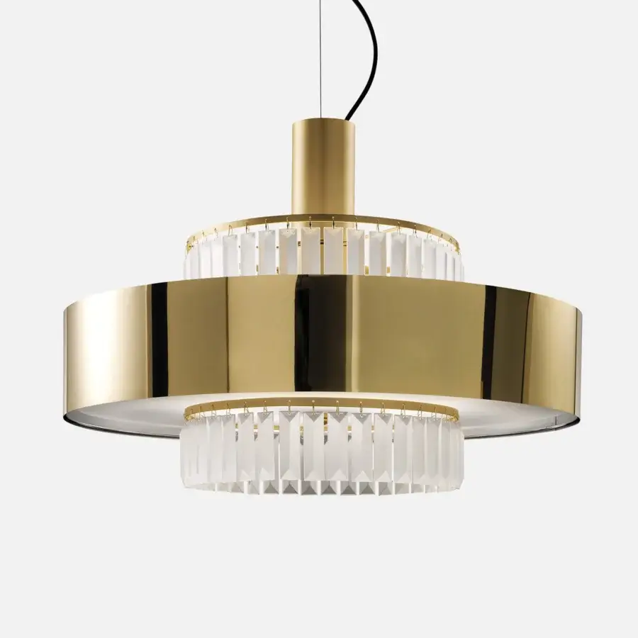 Lavish Italamp Crono suspension lamp with a tiered cylindrical silhouette and satin white methacrylate diffuser crafted in glossy gold metal with etched crystal pendants