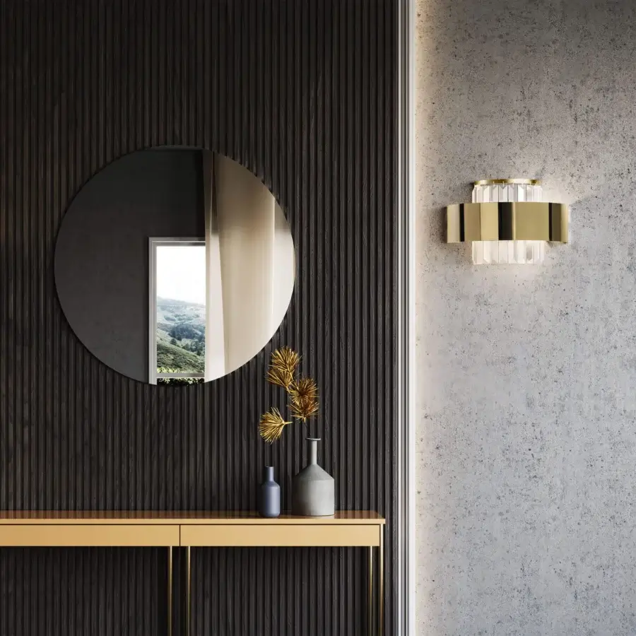 Exclusive Italamp Crono wall lamp with geometric silhouette and etched crystal pendants in gold finish
