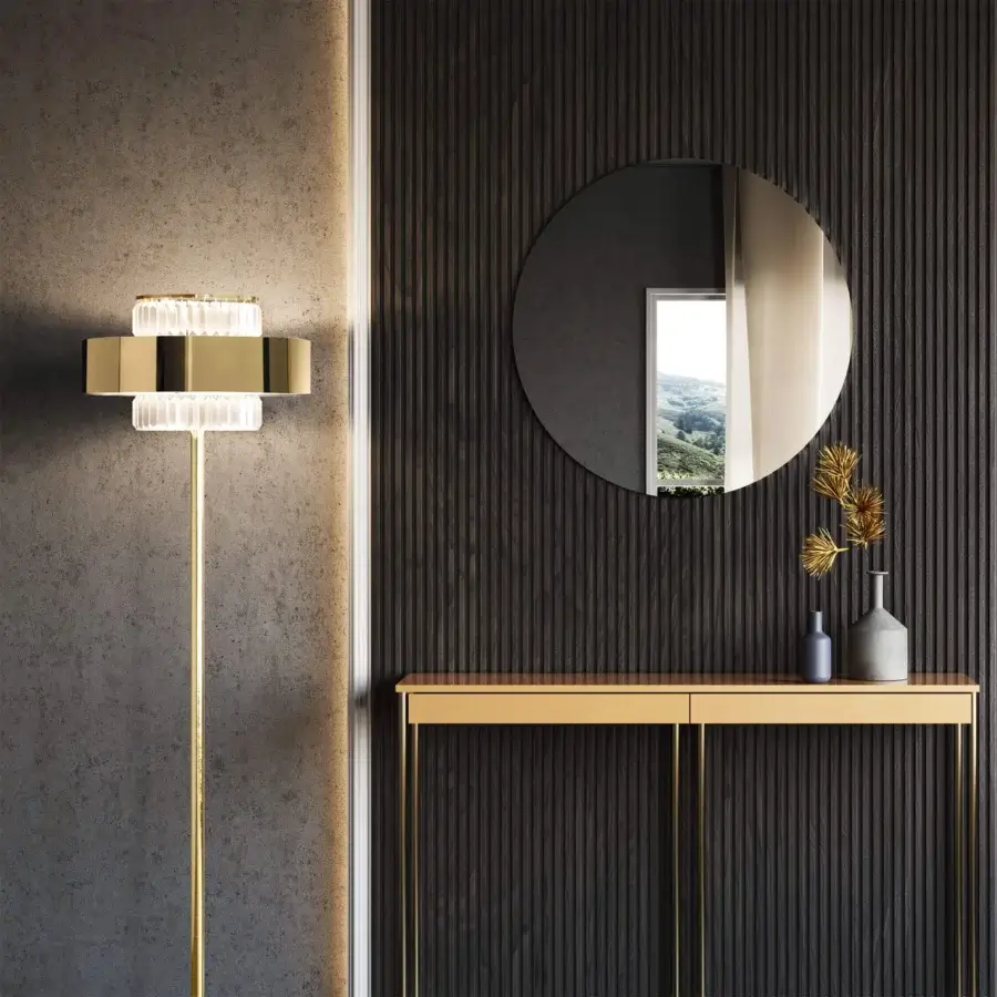 Exclusive Italamp Crono floor lamp with a glossy gold metal structure and satin white methacrylate diffuser with etched crystal pendants