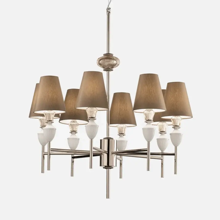 Exclusive Italamp Amelie (Giuno) chandelier with eight arms, taupe lampshades and hand-carved teak glass in a nickel finish