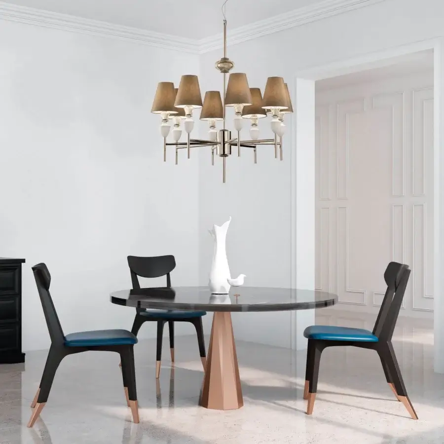 Sophisticated Italamp Amelie (Giuno) chandelier with nickel structure, teak glass details and tan fabric lampshades