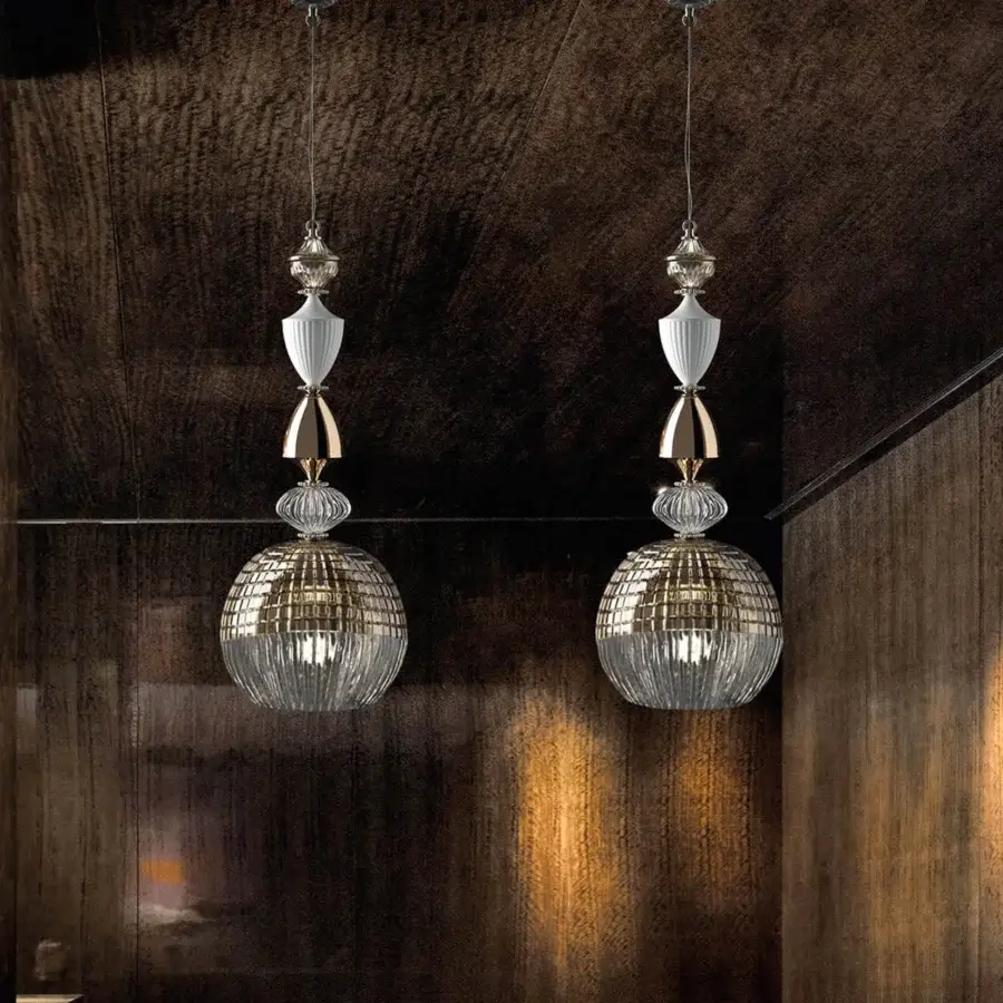 Lavish Italamp Amelie suspension lamp with nickel and white finishes, showcasing hand-carved transparent glass and gold accents