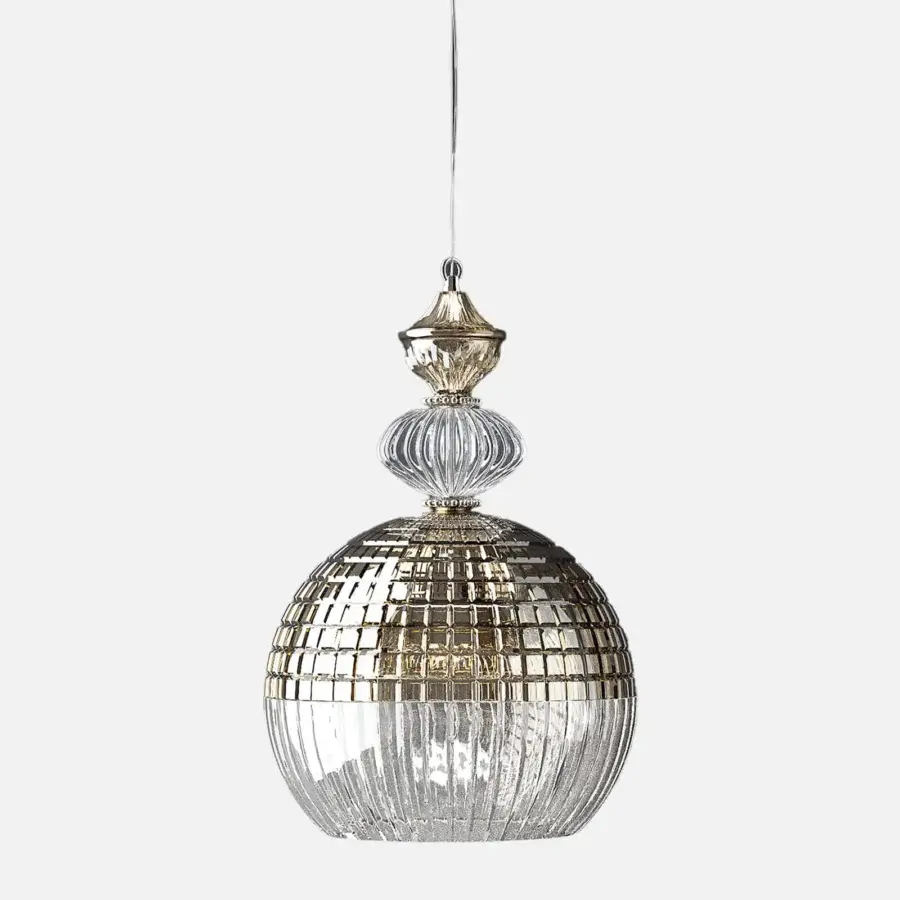 Distinguished Italamp Amelie suspension lamp with transparent and teak glass lampshade in nickel and white finishes