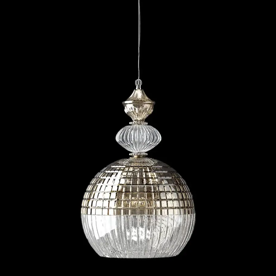 Distinguished Italamp Amelie suspension lamp with hand-carved transparent and teak glass in a refined nickel finish