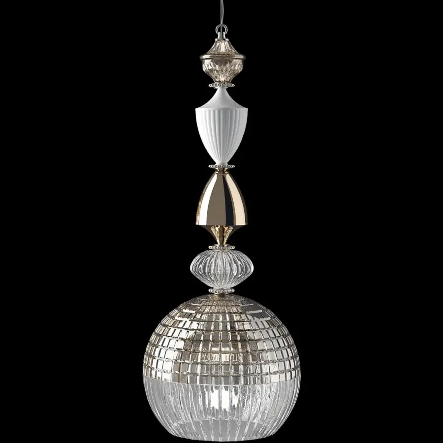 Distinguished Italamp Amelie suspension lamp with nickel and white structure, showcasing hand-carved transparent glass and polished gold-tone metal accents