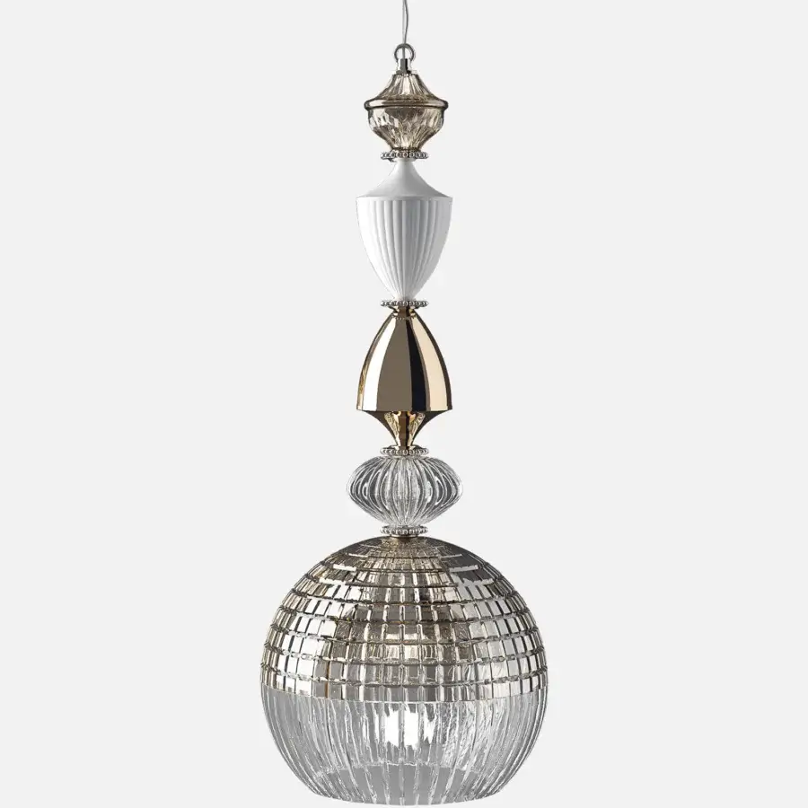 Luxury Italamp Amelie suspension lamp with nickel structure and hand-carved transparent glass lampshade showcasing a glossy teak accent