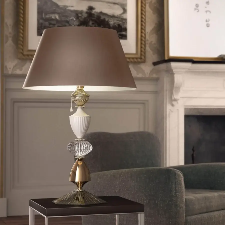Distinguished Italamp Amelie table lamp with nickel and white metal, a brown fabric lampshade, plus hand-carved clear and teak glass details