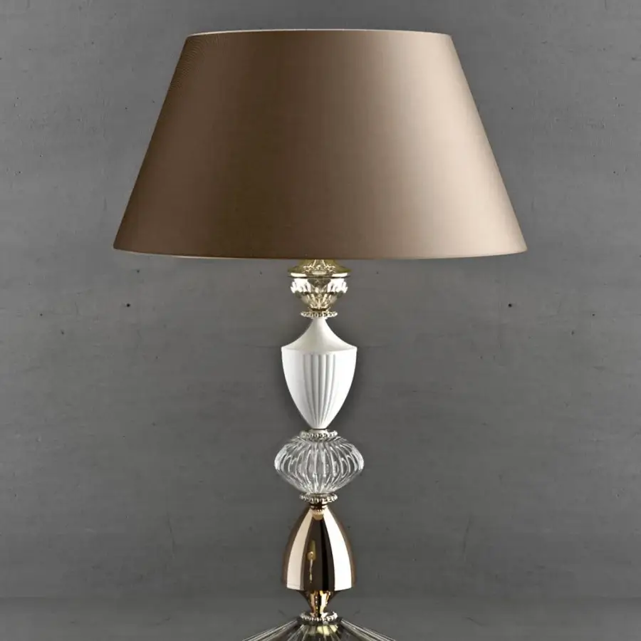 Exquisite Italamp Amelie table lamp with nickel and white metal crafted in clear and teak glass, topped with a brown fabric lampshade