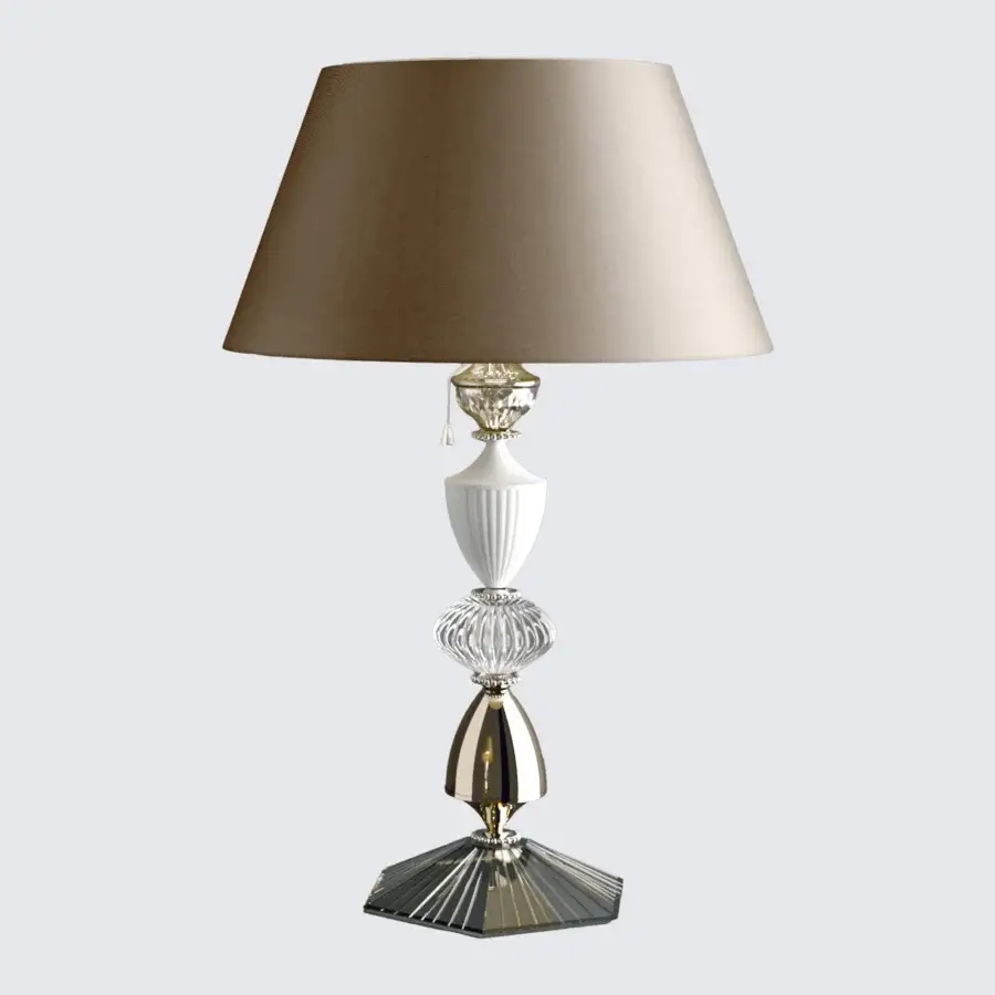 Superior Italamp Amelie table lamp with nickel and white metal built with two-tone fabric and hand-carved clear glass details