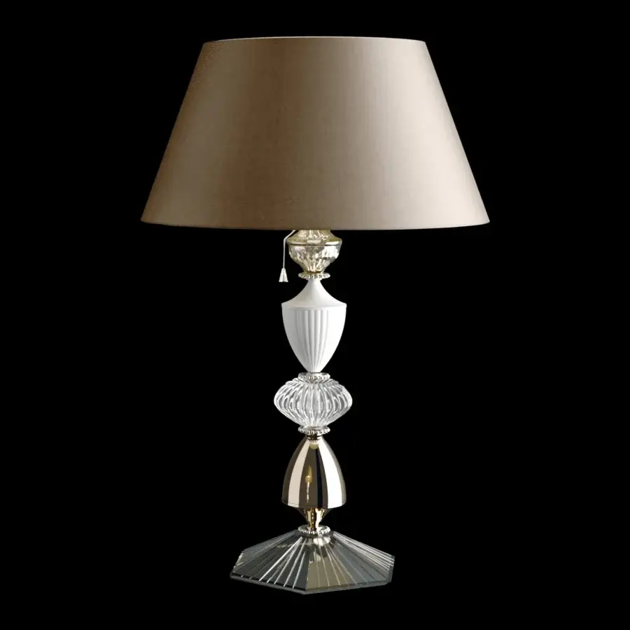 Distinguished Italamp Amelie table lamp with nickel and white metal built with a light brown fabric lampshade and hand-carved clear glass accents