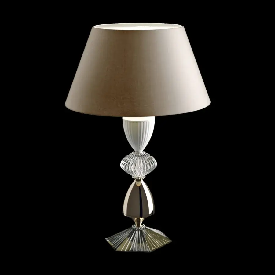 Exquisite Italamp Amelie table lamp with taupe textile lampshade and nickel clear glass base crafted with hand-carved details