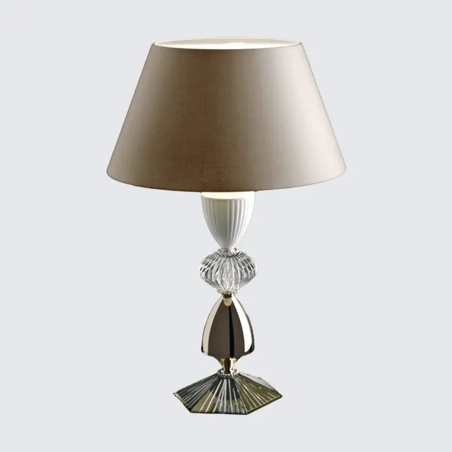 Distinguished Italamp Amelie table lamp with nickel and white metal, hand-carved clear teak glass, plus matte taupe fabric lampshade