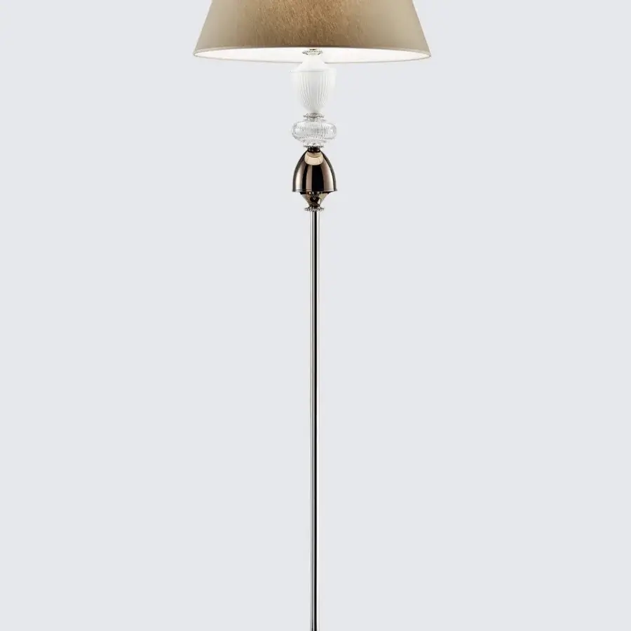 Exceptional Italamp Amelie floor lamp with nickel and white metal, a light brown textile lampshade, plus hand-carved transparent glass detail