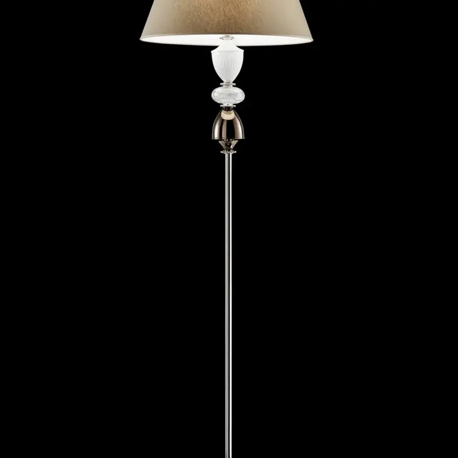 Elegant Italamp Amelie floor lamp with nickel and white metal, tan fabric lampshade and hand-carved transparent glass detail