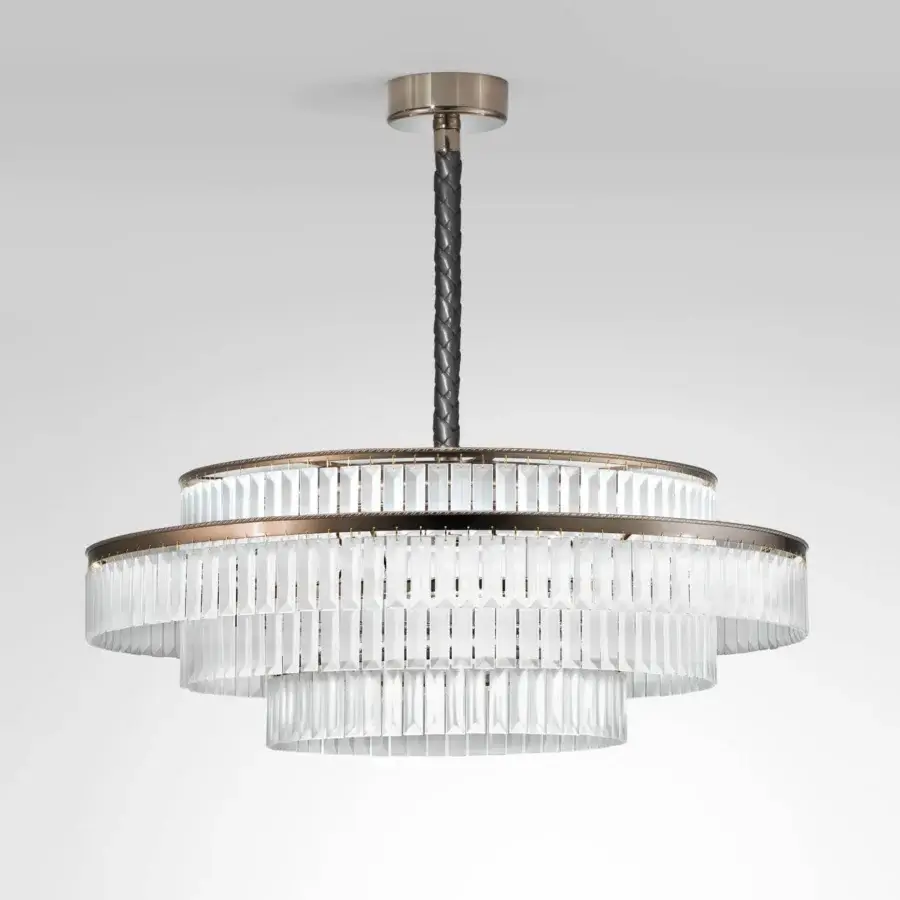 Exceptional Italamp Charles suspension lamp with tiered design and clear crystal pendants in gold nickel finish