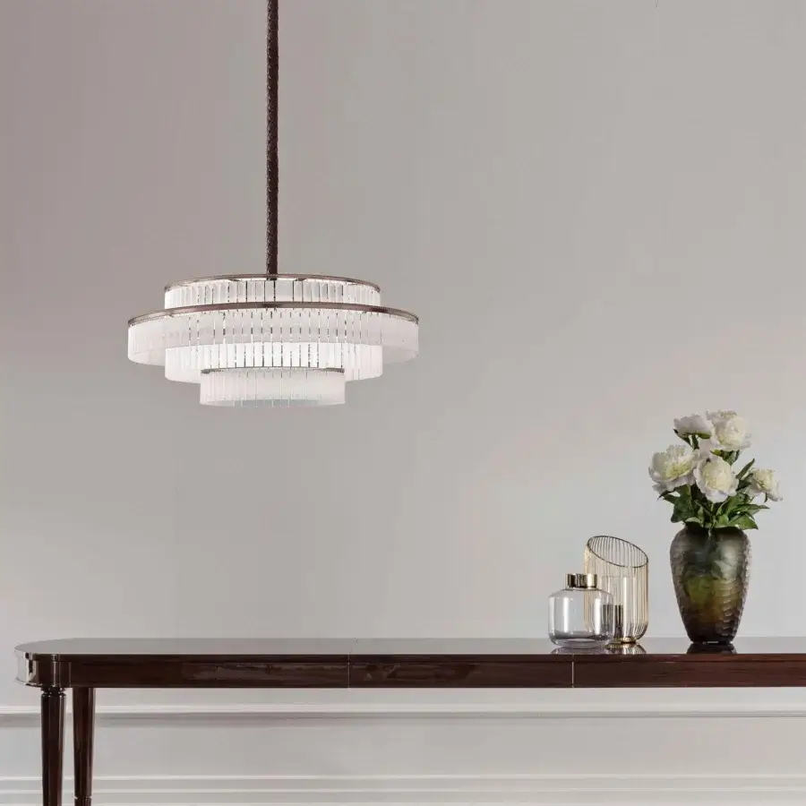 Exclusive Italamp Charles suspension lamp with tiered silhouette in gold nickel metal and satin white methacrylate diffuser